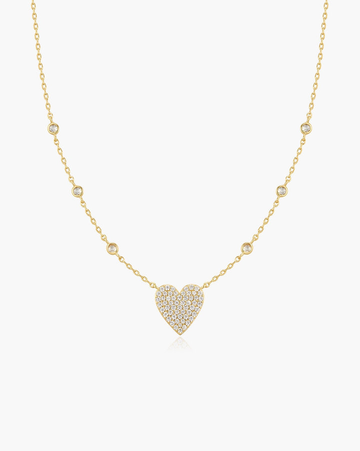Gold Pave Heart with Bezel Station Necklace