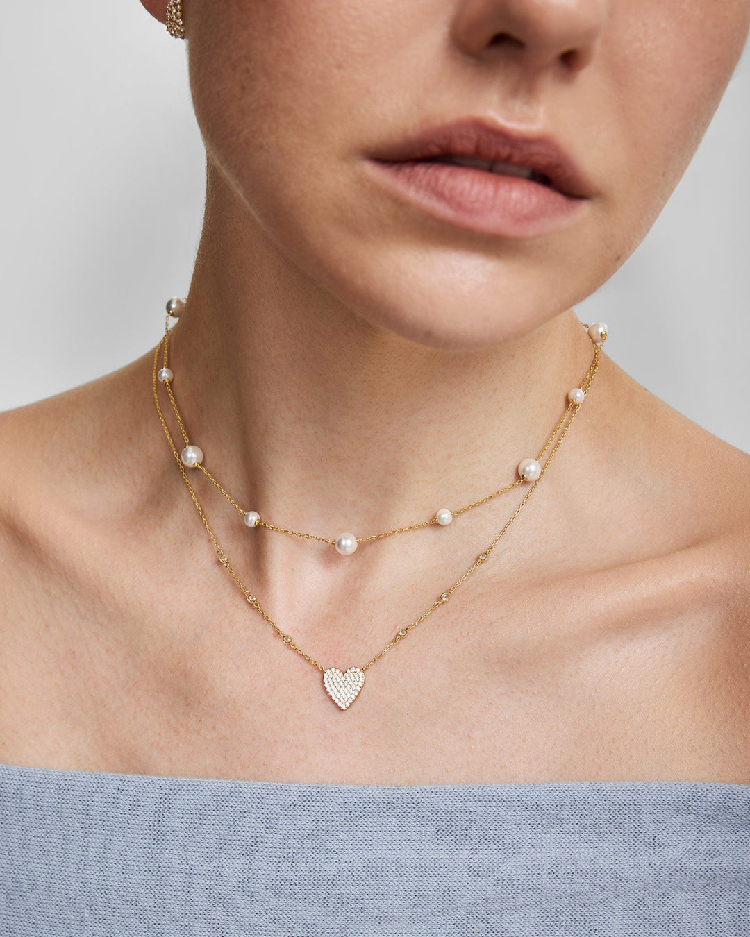 Gold Pave Heart with Bezel Station Necklace