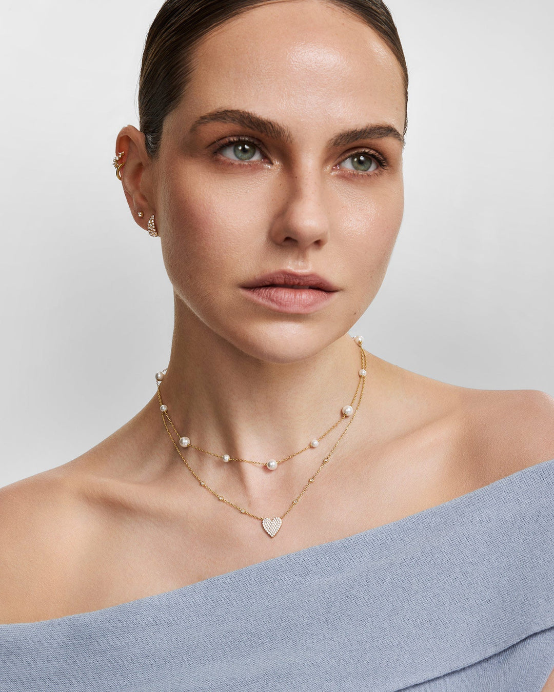 Gold Pave Heart with Bezel Station Necklace