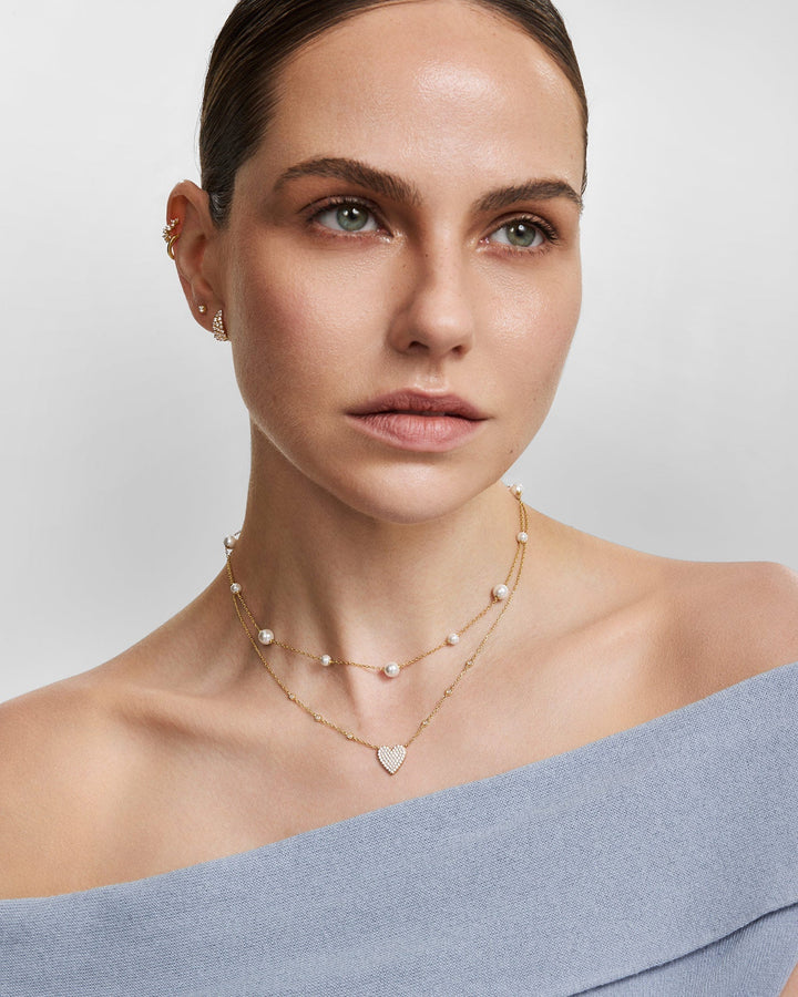 Gold Pave Heart with Bezel Station Necklace