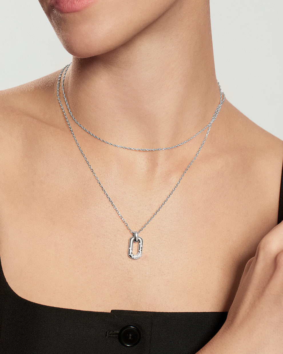 Silver Sparkling Oval Hoop Pendant Necklace