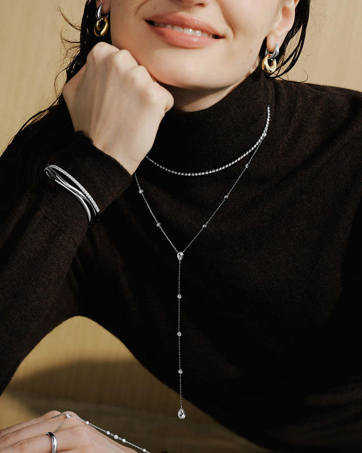 Silver Round & Teardrop Bezel Station Y Necklace