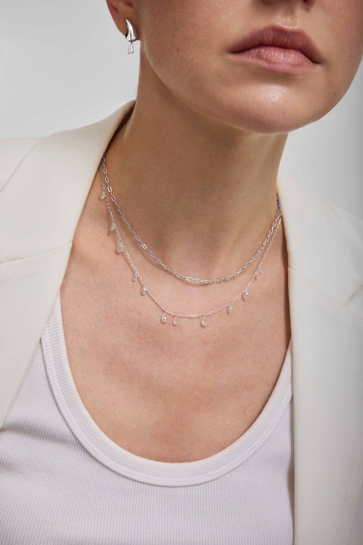 Silver Ethereal Teardrop Dangle Station Necklace