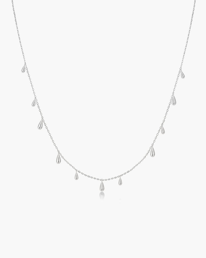 Silver Polished Teardrop Dangle Station Necklace