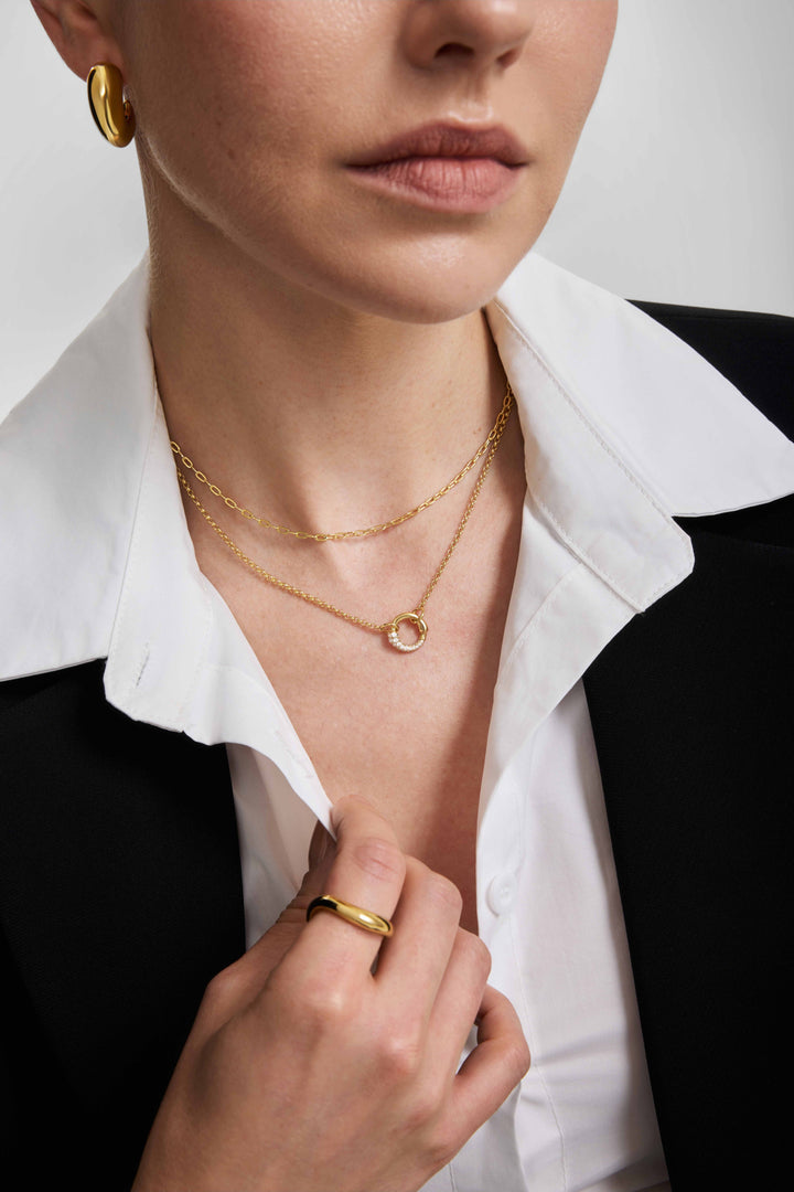 Gold Half Pave & Polish Hoop Necklace