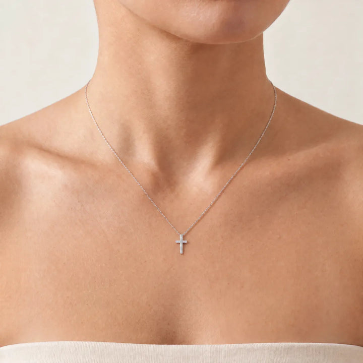 0.05ct Diamond Double Row Cross Pendant in 9K White Gold worn on a fine chain