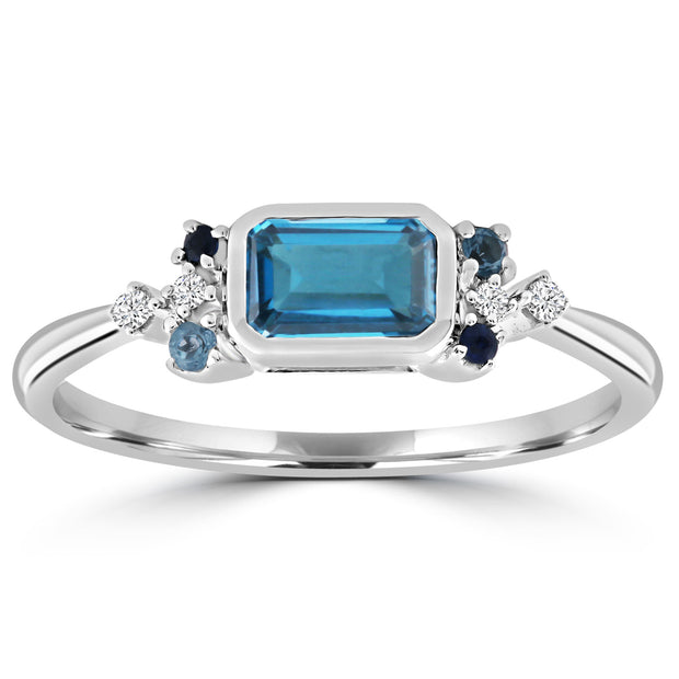 Diamond and Blue Topaz Ring with 0.05ct Diamonds in 9K White Gold
