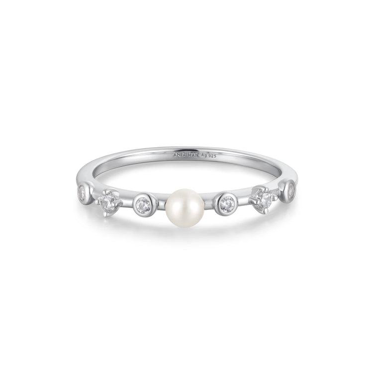 Ania Haie Silver Freshwater Pearl and White Cubic Zirconia Bezel Set Ring