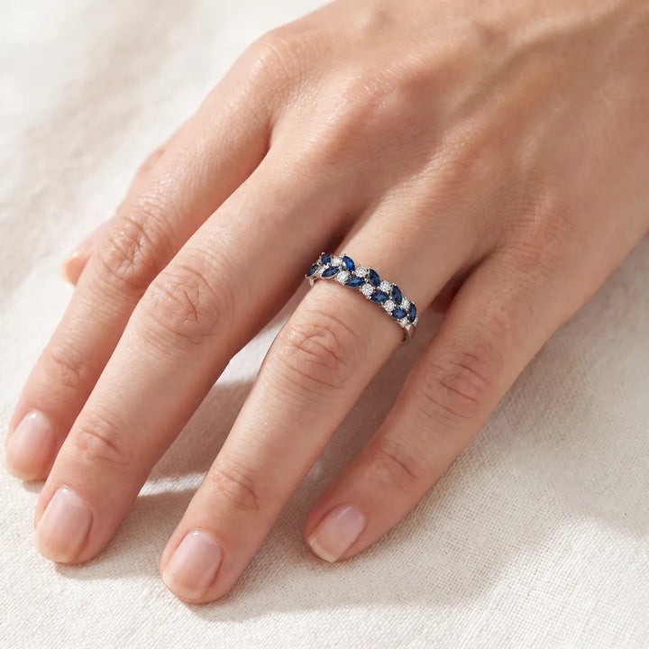 0.33ct Marquise Diamond & Sapphire Ring in 9K White Gold worn on model's hand
