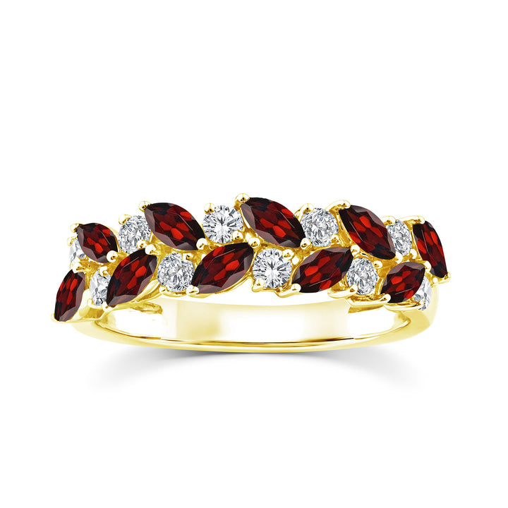 A yellow gold band ring featuring two rows of marquise-cut dark red garnet stones and round brilliant-cut clear diamonds, set against a plain white background.