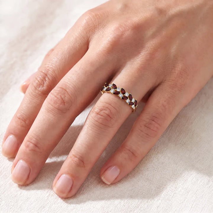 0.33ct Marquise Diamond & Garnet Ring in 9K Yellow Gold worn on model's hand