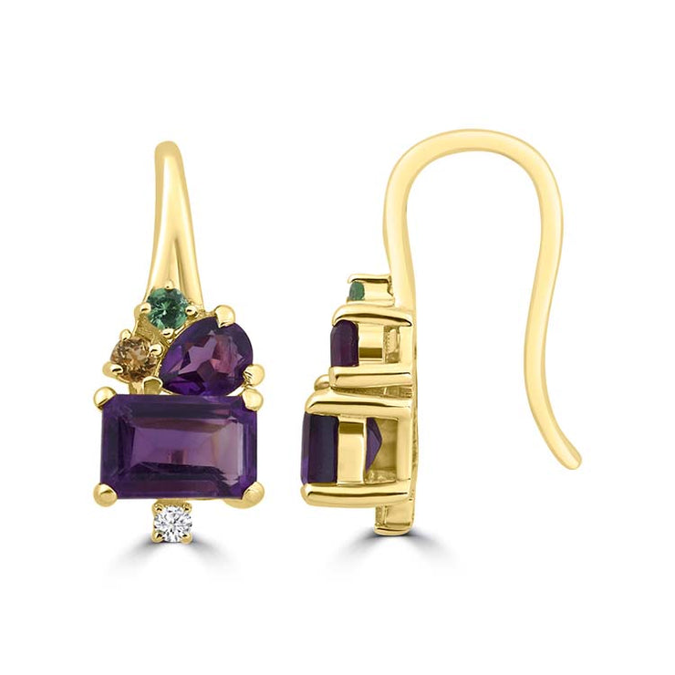 Diamond, Amethyst, Citrine, Tsavourite Hook Earrings with 0.025ct Diamonds in 9K Yellow Gold | The Jewellery Boutique