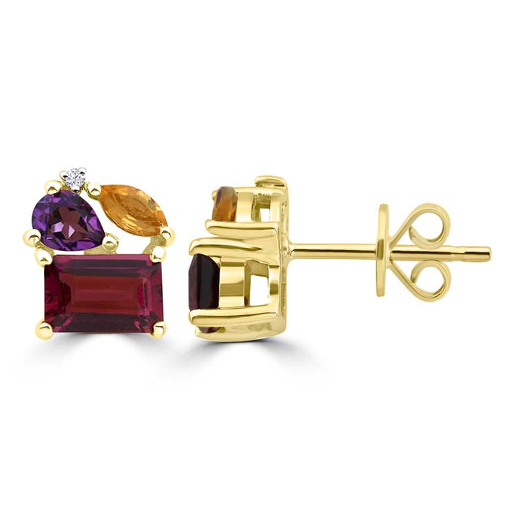 Diamond, Rhodolite, Amethyst, Citrine Stud Earrings with 0.01ct Diamonds in 9K Yellow Gold | The Jewellery Boutique