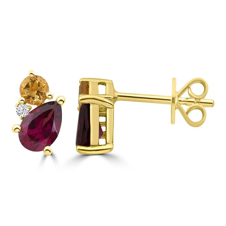 Diamond, Rhodolite, Citrine Stud Earrings with 0.02ct Diamonds in 9K Yellow Gold | The Jewellery Boutique