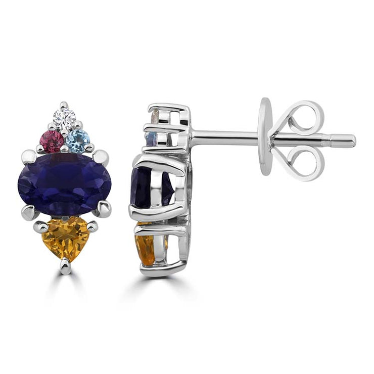 Diamond, Iolite, Citrine, Blue Topaz, Rhodolite Stud Earrings with 0.025ct Diamonds in 9K White Gold | The Jewellery Boutique