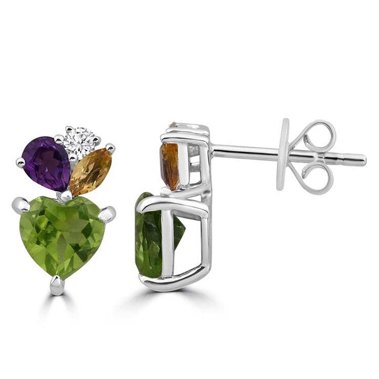 Diamond, Peridot, Amethyst, Citrine Stud Earrings with 0.056ct Diamonds in 9K White Gold | The Jewellery Boutique