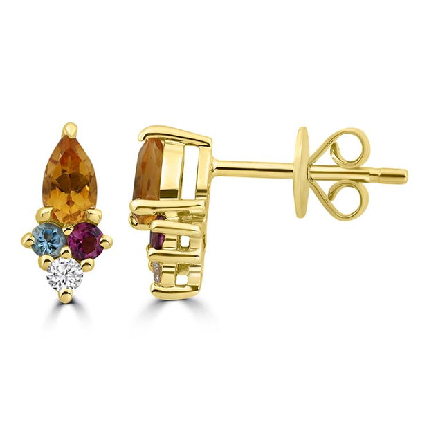 Diamond, Citrine, Blue Topaz, Rhodolite Stud Earrings with 0.058ct Diamonds in 9K Yellow Gold | The Jewellery Boutique