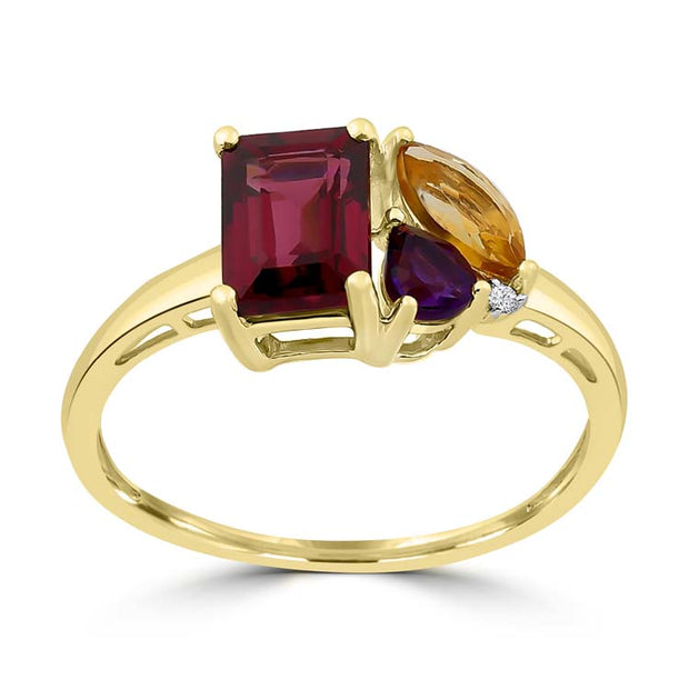 Diamond, Rhodolite, Amethyst, Citrine Ring with 0.007ct Diamonds in 9K Yellow Gold | The Jewellery Boutique