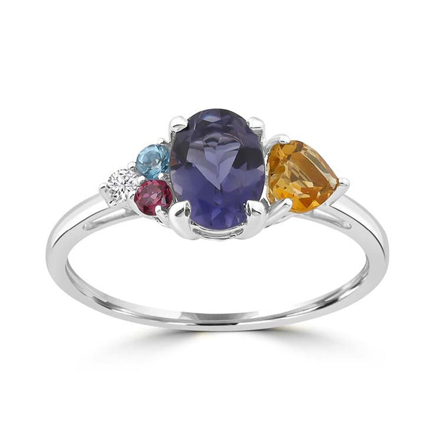 Diamond, Iolite, Citrine, Blue Topaz, Rhodolite Ring with 0.03ct Diamonds in 9K White Gold | The Jewellery Boutique