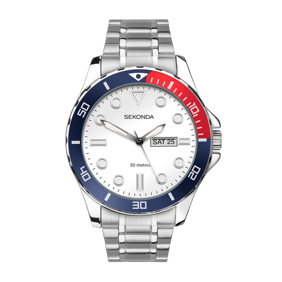 Sekonda Mens Balearic White Dial Silver Stainless Steel 44mm Watch