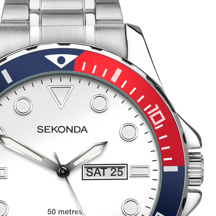 Sekonda Mens Balearic White Dial Silver Stainless Steel 44mm Watch