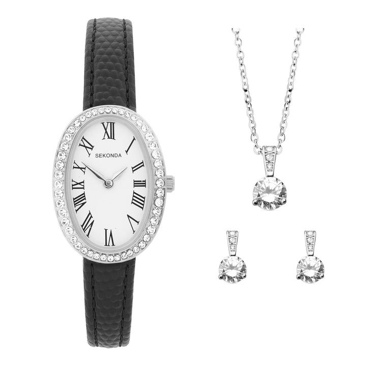 Sekonda Womens Bellamy White Dial Black Leather Bracelet 23mm Watch Gift Set