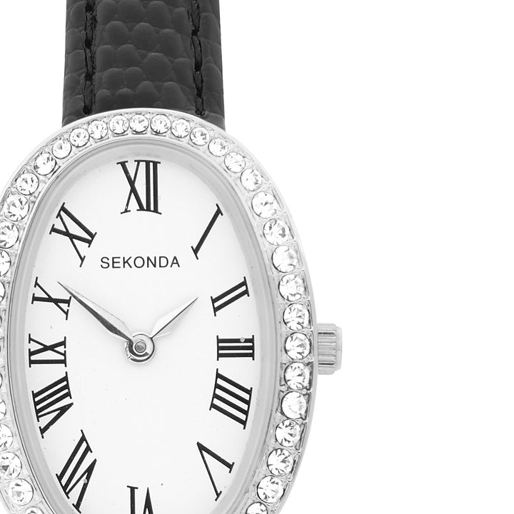 Sekonda Womens Bellamy White Dial Black Leather Bracelet 23mm Watch Gift Set