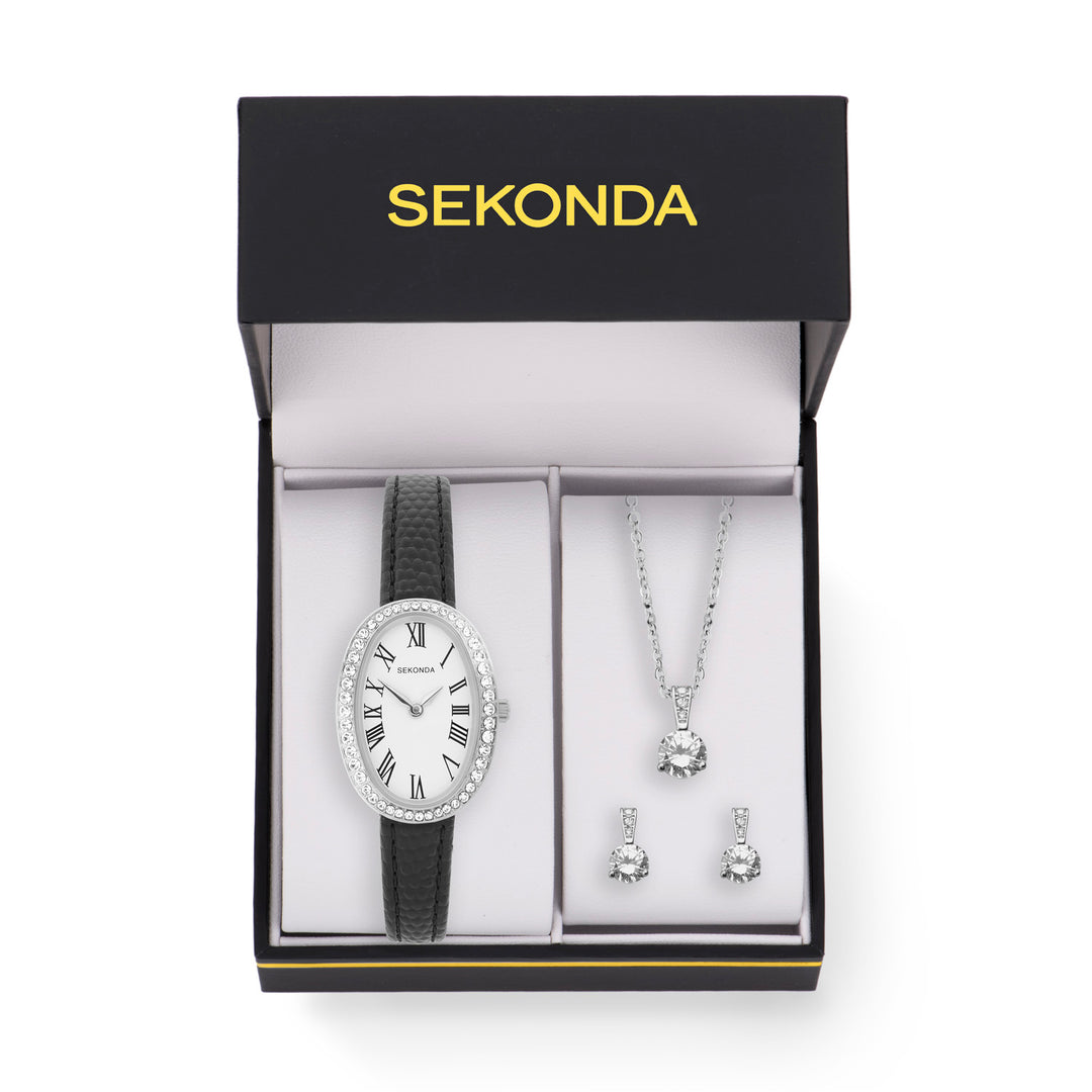 Sekonda Womens Bellamy White Dial Black Leather Bracelet 23mm Watch Gift Set