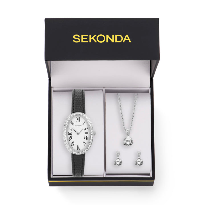 Sekonda Womens Bellamy White Dial Black Leather Bracelet 23mm Watch Gift Set