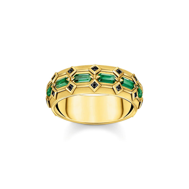 THOMAS SABO Wide Gold Plated Crocodile Ring with Green Stones
