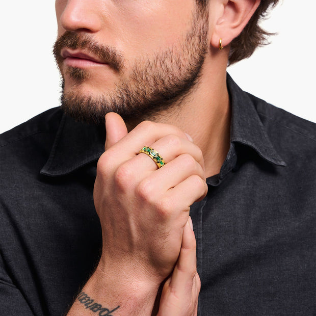 THOMAS SABO Wide Gold Plated Crocodile Ring with Green Stones