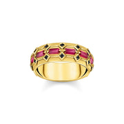 THOMAS SABO Wide Gold Plated Ring in Crocodile Design with Red Stones