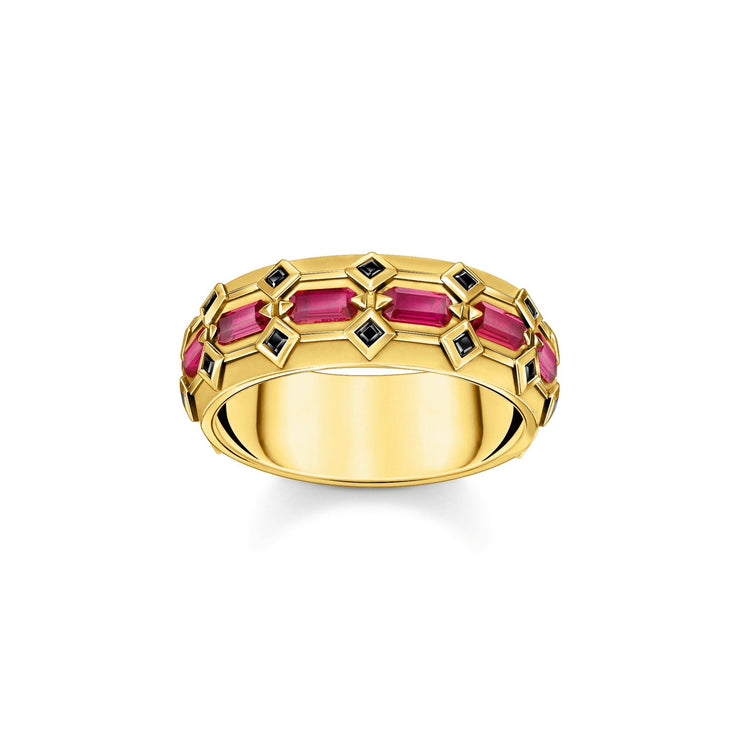 THOMAS SABO Wide Gold Plated Ring in Crocodile Design with Red Stones