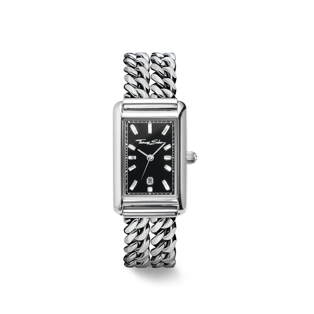 Ladies Rectangular Silver Watch with Black Dial | Jewellery Boutique