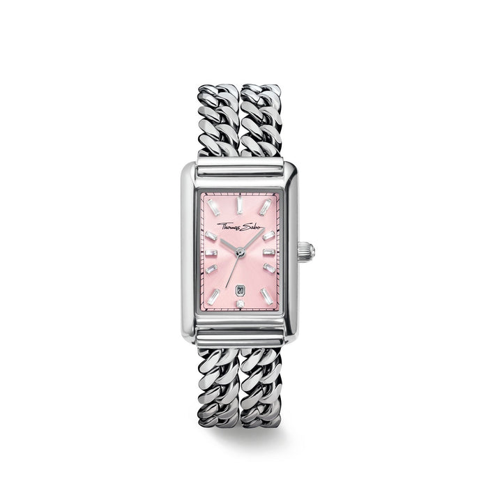 Ladies Rectangular Silver Watch with Pink Dial | Jewellery Boutique