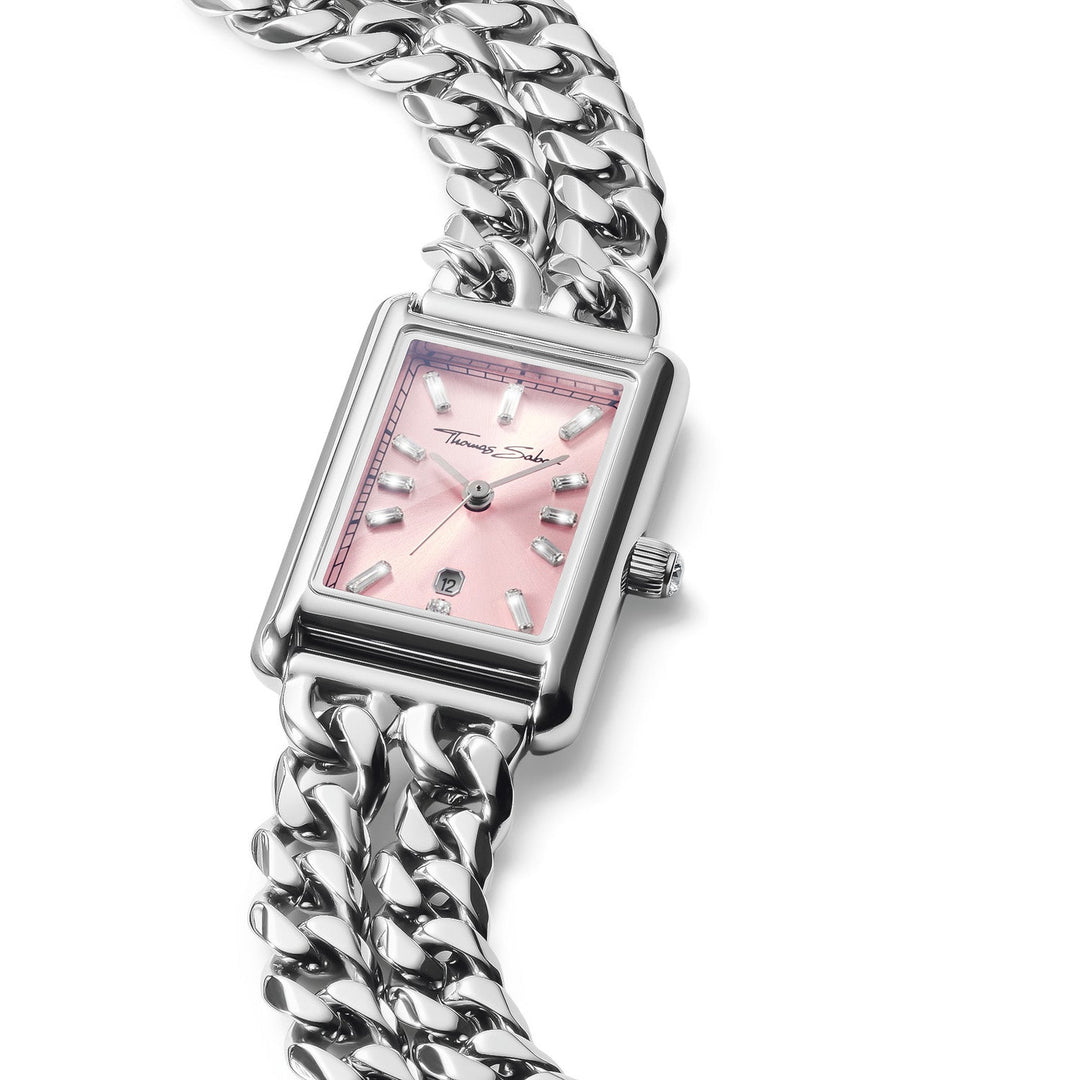 Ladies Rectangular Silver Watch with Pink Dial | Jewellery Boutique