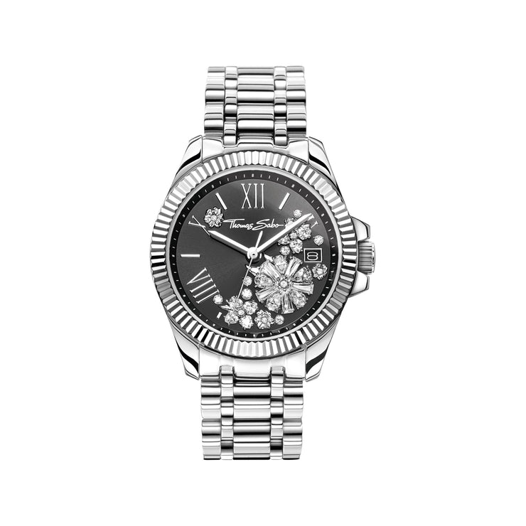 Women's watch with 33 mm, black dial and white flowers | The Jewellery Boutique