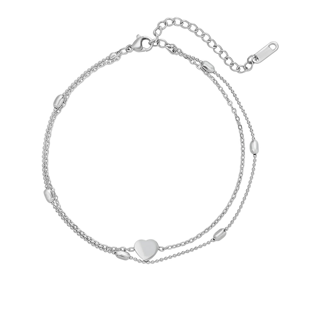 Essentials Heart & Bead Double Chain Anklet Silver