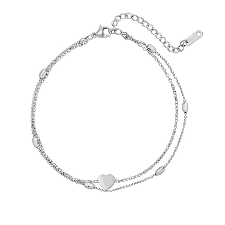 Essentials Heart & Bead Double Chain Anklet Silver