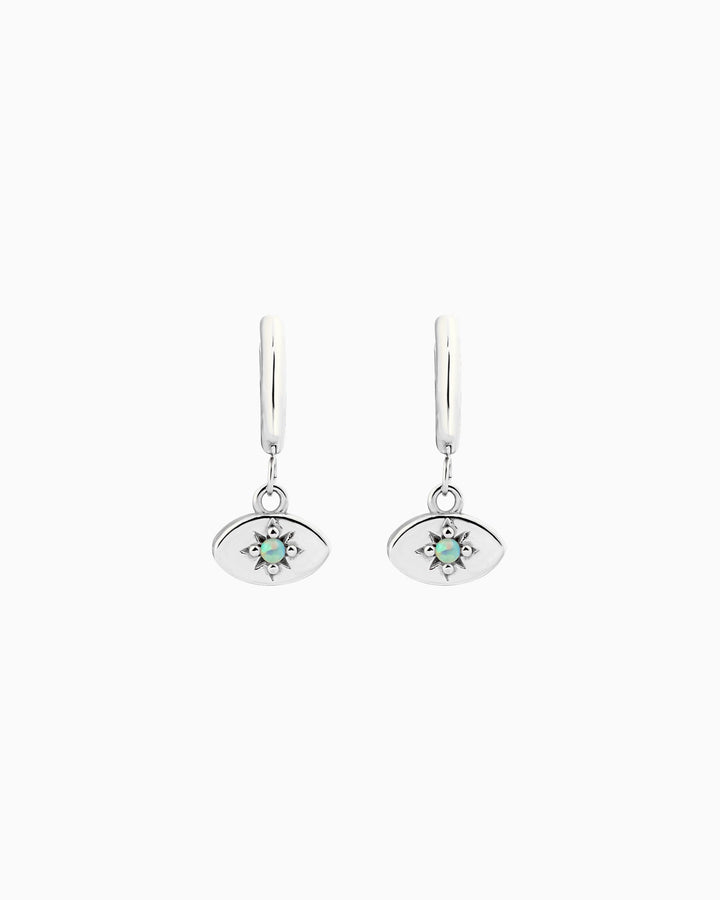 Iridescent Opal Evil Eye Huggies in Silver | Zoe Olivia Jewellery Australia