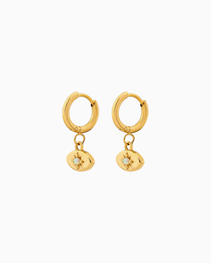 Iridescent Opal Evil Eye Huggies in Gold | Zoe Olivia Jewellery Australia