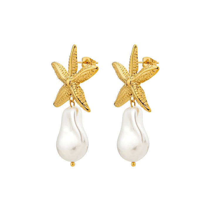 Solara Textured Starfish and Pearl Drop Stud Earrings