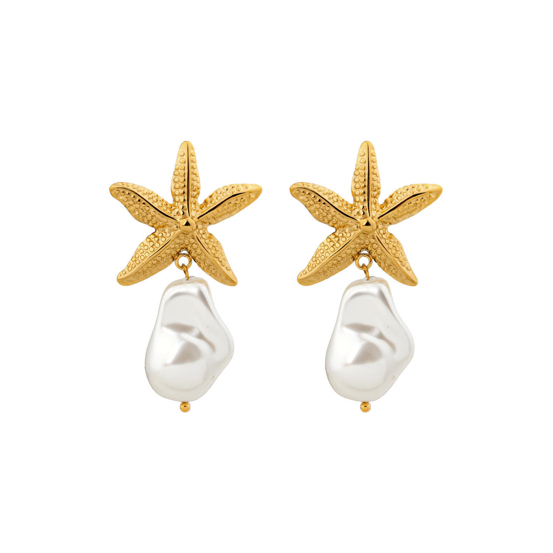 Solara Textured Starfish and Pearl Drop Stud Earrings