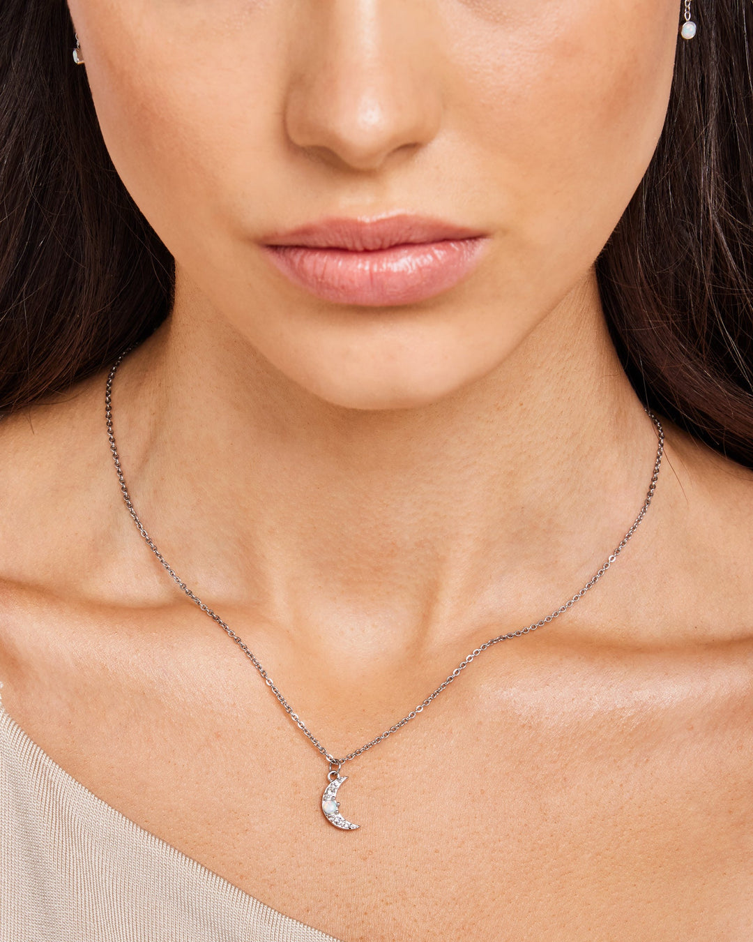 Iridescent Opal and Cubic Zirconia Moon Necklace in Silver | Zoe Olivia Jewellery Australia
