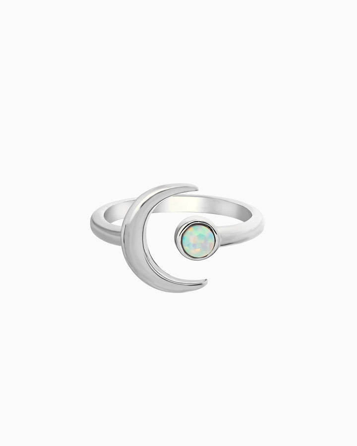 Iridescent Opal Moon Shaped Ring in Silver | Zoe Olivia Jewellery Australia