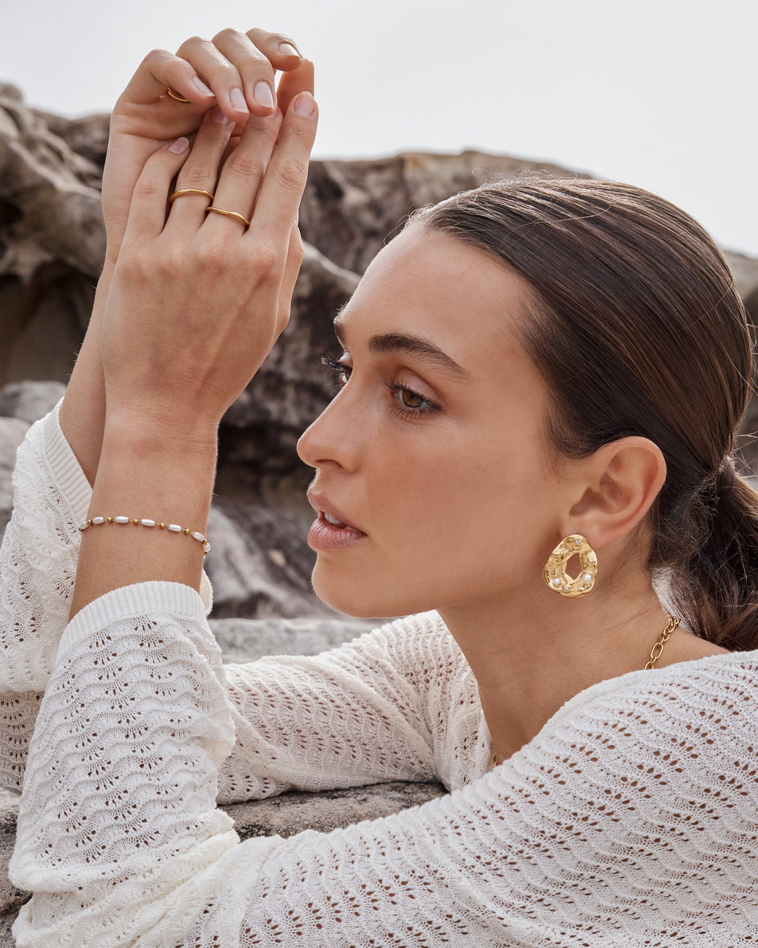 Opaline Open Centre Pearl Hammered Stud Earrings, alternate view — Zoe Olivia