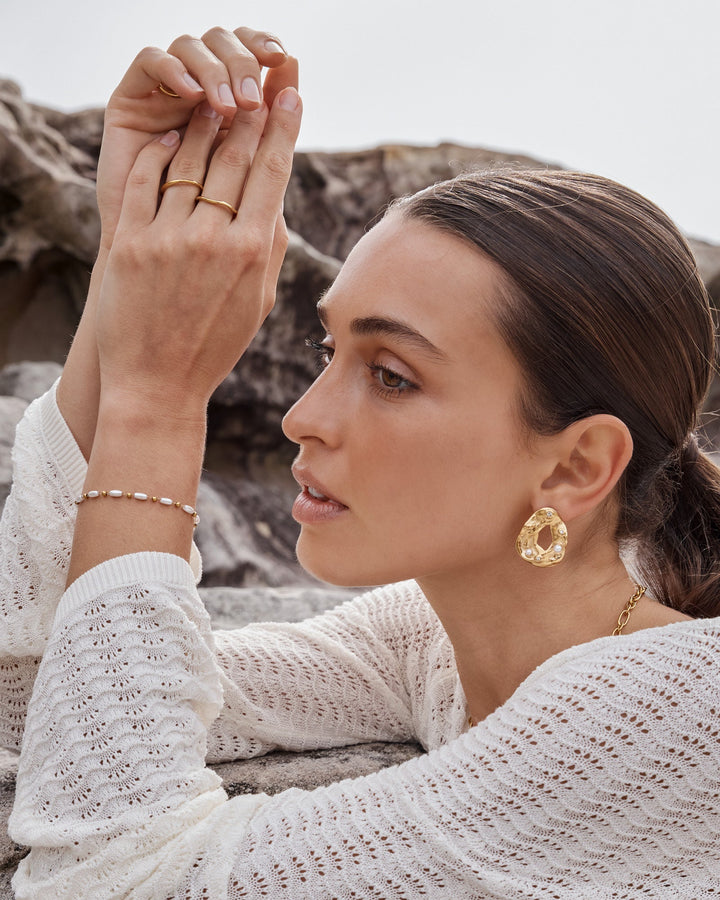 Opaline Open Centre Pearl Hammered Stud Earrings, alternate view — Zoe Olivia