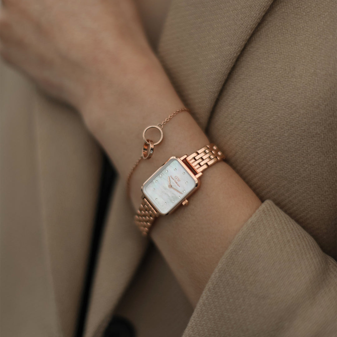 Daniel Wellington Quadro Lumine 20x26 5-Link Rose Gold & Mother of Pearl White Watch