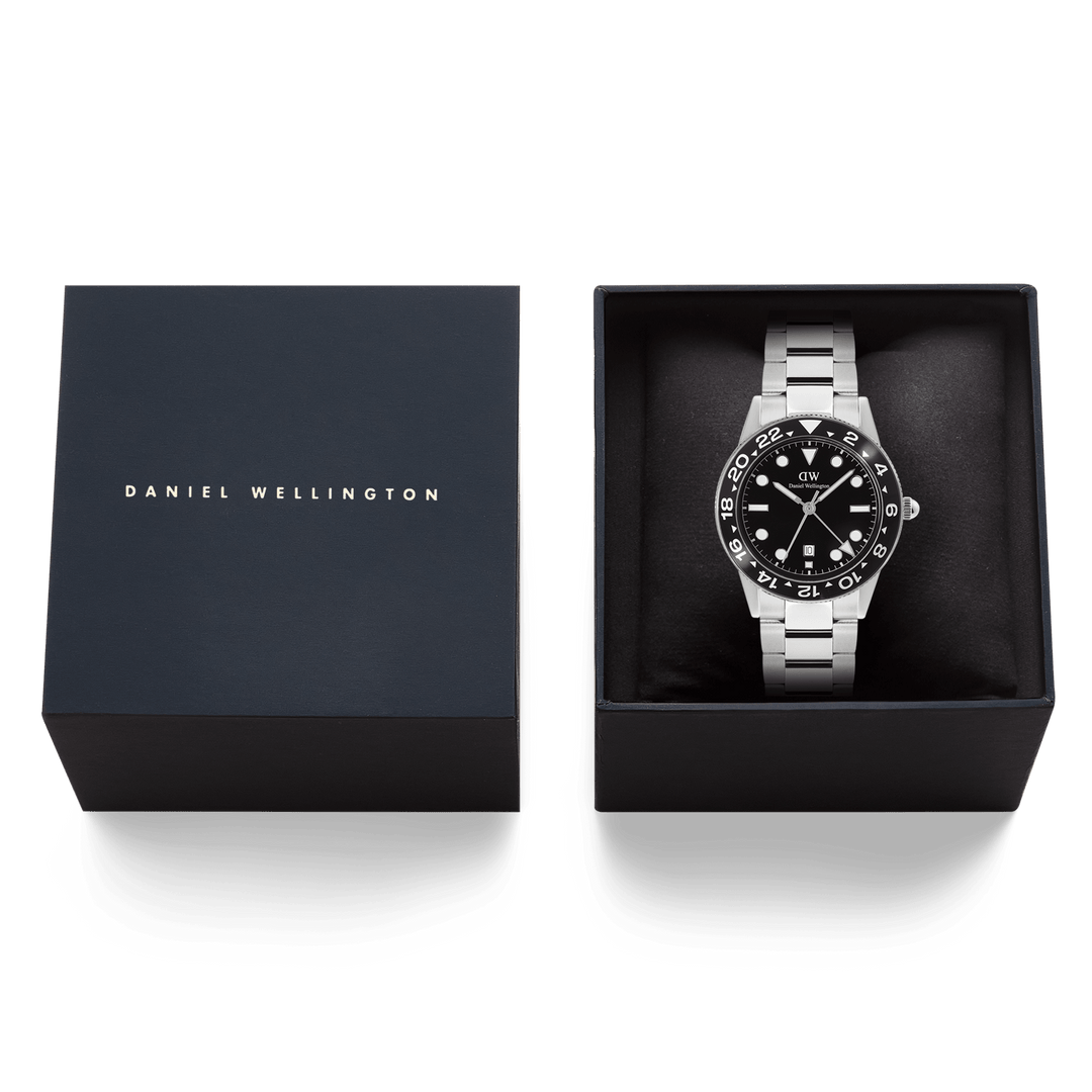 Daniel Wellington Iconic GMT Link Black Ceramic Bezel Silver | The Jewellery Boutique