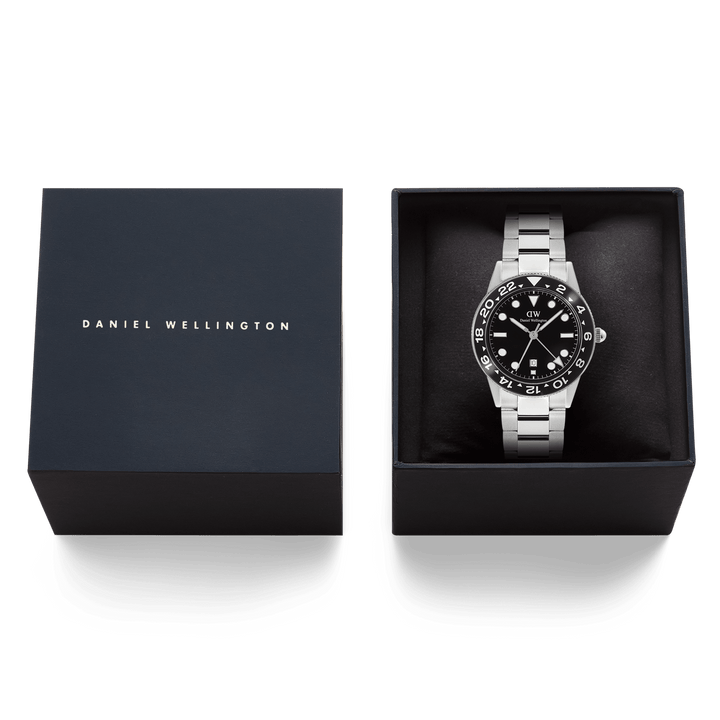 Daniel Wellington Iconic GMT Link Black Ceramic Bezel Silver | The Jewellery Boutique